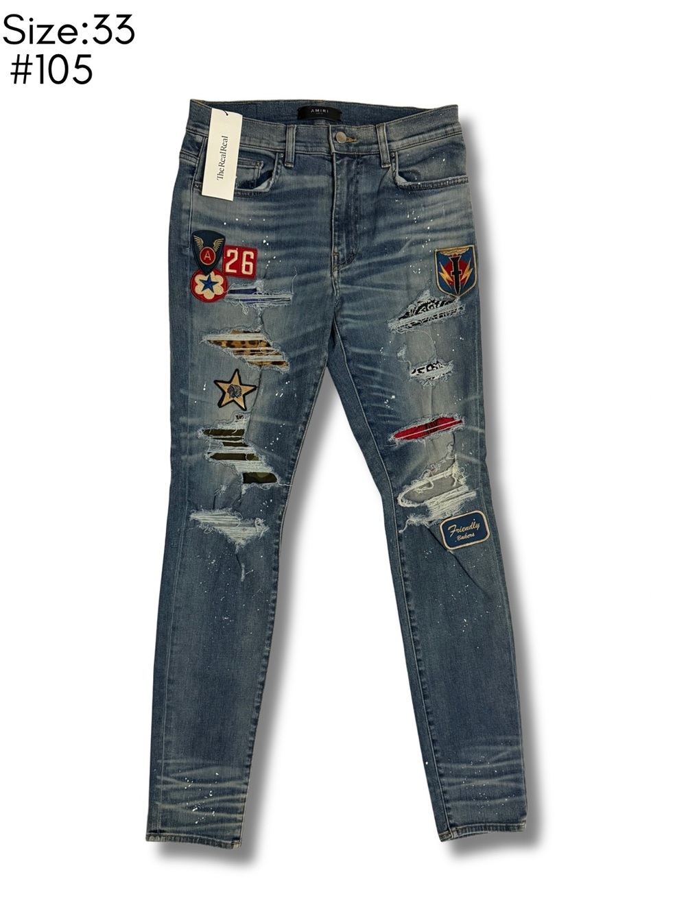 AMIRI Men's Skinny Jeans in Washed Dark Blue with White Paint Splatter